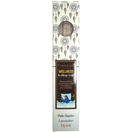 Incienso orgánico Bienestar Blissful Blends Vijayshree Palo Santo, Lavanda y Mirra - Cajita de 25gr.