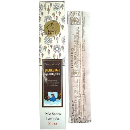 Incienso orgánico Bienestar Blissful Blends Vijayshree Palo Santo, Lavanda y Mirra - Cajita de 25gr.
