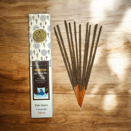 Incienso orgánico Bienestar Blissful Blends Vijayshree Palo Santo, Lavanda y Mirra - Cajita de 25gr.
