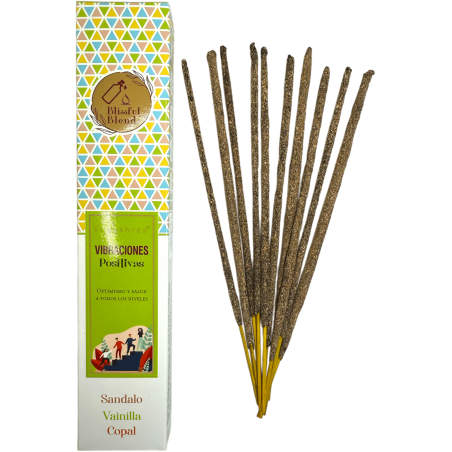 Biologische wierook Positive Vibrations Blissful Blends Vijayshree Sandelhout, Vanille en Copal - 25gr doos.
