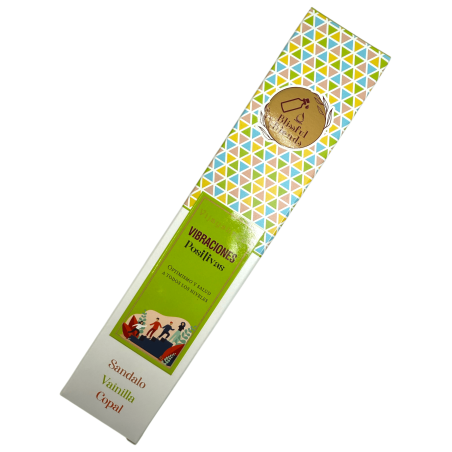Biologische wierook Positive Vibrations Blissful Blends Vijayshree Sandelhout, Vanille en Copal - 25gr doos.