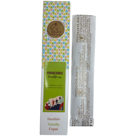Tămâie organică Vibrații pozitive Amestecuri fericite Vijayshree Lemn de santal, Vanilie și Copal - Cutie de 25gr.