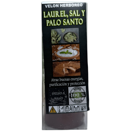 Velón Herboreo Laurel, Sal y Palo Santo - Velón Esotérico 14x6cm - Atraer buenas energías, purificación y protección