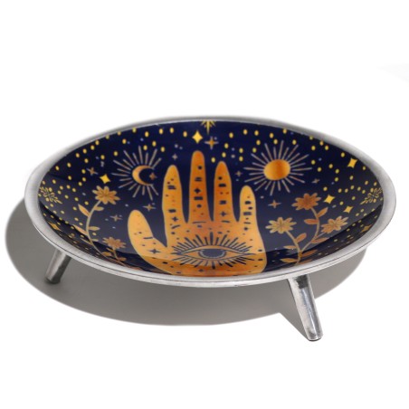Assiette à offrandes émaillée, motif Hamsa à trois pattes, bleu nuit, 16 cm
