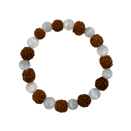 Pulseira de Rudraksha Natural com Selenita de 8mm - Limpeza e Energia Positiva