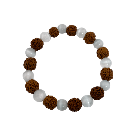 Bracciale Rudraksha naturale con selenite da 8 mm - Energia purificante e positiva
