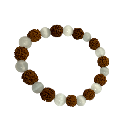 Bracelet Rudraksha naturel avec sélénite de 8 mm - Purification et énergie positive