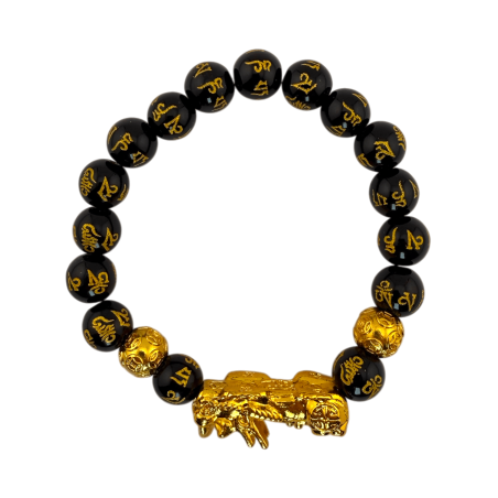 Bracciale Pixiu Feng Shui in ossidiana nera da 10 mm - Per attrarre ricchezza