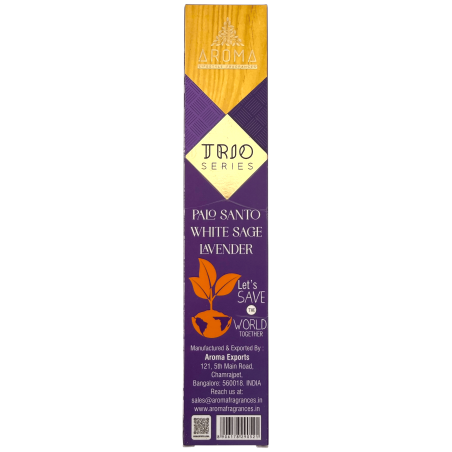 Trio de incensos AROMA Palo Santo, Sálvia Branca e Lavanda - Série Trio, 1 caixa de 15g.