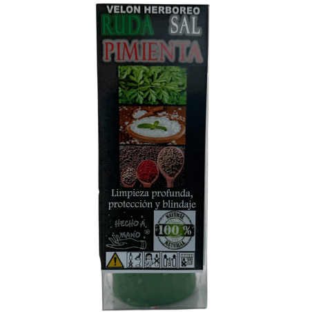 Velón Herboreo Ruda, Sal y Pimienta - Velón Esotérico 14x6cm - Limpieza Profunda, Protección y Blindaje