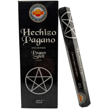 Incenso SAC Pagan Spell - Caixa com 6 pacotes hexagonais de 20 varetas cada, totalizando 120 varetas de incenso.