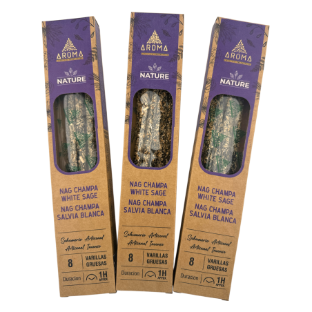Pachet de 3 bețișoare parfumate organice Nag Champa și Salvie Albă AROMA Nature - 8 bețișoare, durată 1 oră