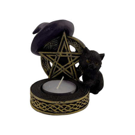 Figura Porta velas Gato Negro Resina con Pentagrama 11x9,7x8,3cm