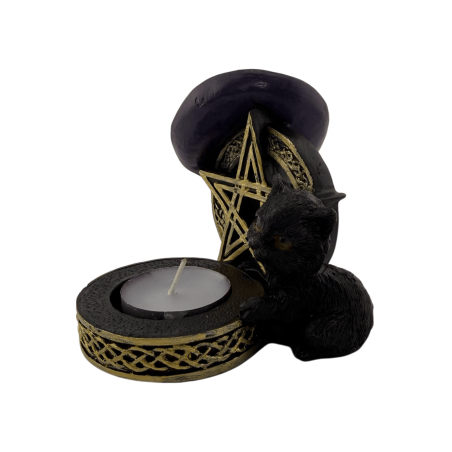 Figura Porta velas Gato Negro Resina con Pentagrama 11x9,7x8,3cm