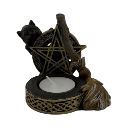 Figura Porta velas Pentagrama con Gato Negro y Escoba 11x9,7x8,3cm