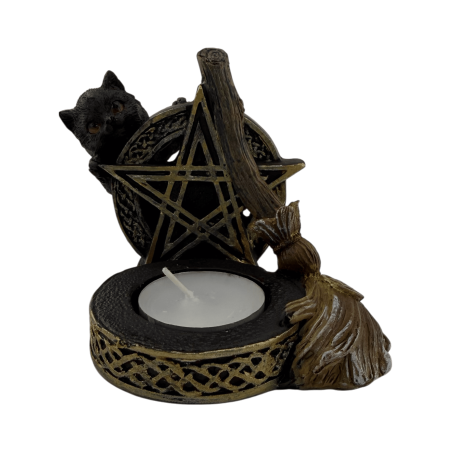 Castiçal em forma de pentagrama com gato preto e vassoura, 11 x 9,7 x 8,3 cm
