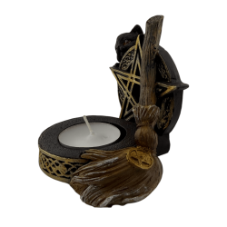 Figura Porta espelmes Pentagrama amb Gat Negre i Escombra 11x9,7x8,3cm