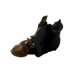 Castiçal em forma de pentagrama com gato preto e vassoura, 11 x 9,7 x 8,3 cm