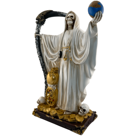 Weiße Santa Muerte-Figur aus Kunstharz mit Kugel, 30 cm