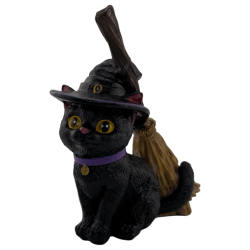 Figurine en résine Chat Sorcière avec balai 11 cm.