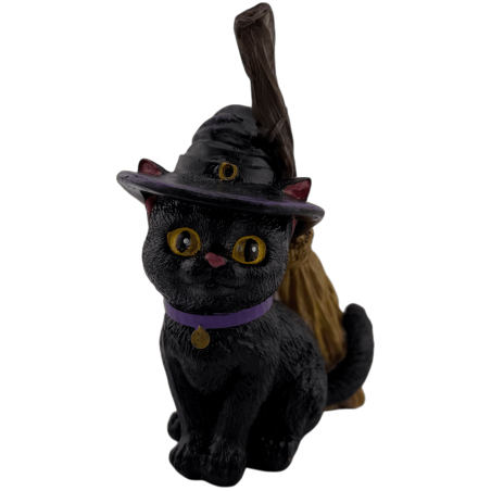 Resin Figure Witch Cat with Broom 11cm.