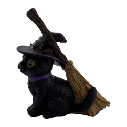 Figura Resina Gato Brujo con Escoba 11cm.