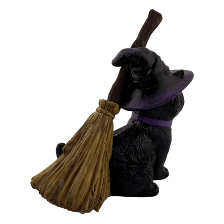 Figura de resina de uma gata bruxa com vassoura, 11 cm.