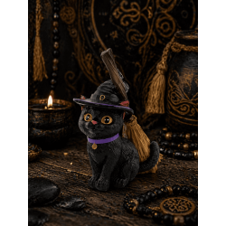 Figura de resina de uma gata bruxa com vassoura, 11 cm.