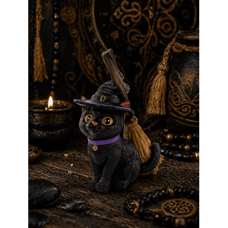 Figura Resina Gato Brujo con Escoba 11cm.