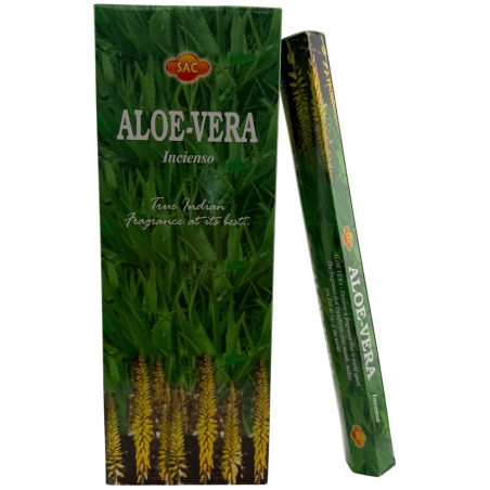 Incenso de Aloe Vera SAC - Caixa com 6 embalagens hexagonais de 20 varetas cada, totalizando 120 varetas de incenso.