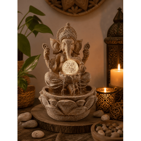 Fontana d'acqua Ganesha in resina con luce 18x18x29
