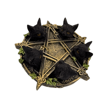 Porta incenso a forma di pentagramma con gatti neri, 13x12,6x3,7 cm