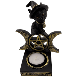 Standing witch cat candle holder with pentagram...