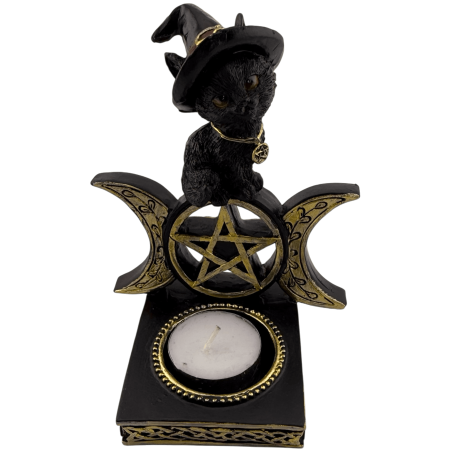 Staande kaarsenhouder in de vorm van een heksenkat met pentagram - 10,5 x 8,5 x 12,7 cm