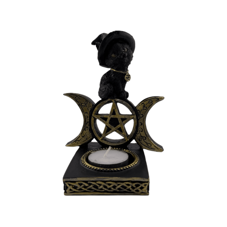 ペンタグラム付き魔女猫型キャンドルホルダー（縦型） - 10.5x8.5x12.7cm