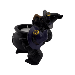 Kandelaar met 3 zwarte katten, ketel en drievoudige maan - 11,8 x 10 x 8,5 cm
