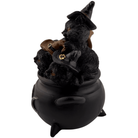 Estatueta de resina de um gato mago em um caldeirão mágico com uma lua tripla - 9,5 x 8 x 12,8 cm