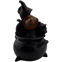 Estatueta de resina de um gato mago em um caldeirão mágico com uma lua tripla - 9,5 x 8 x 12,8 cm