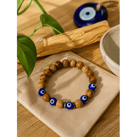 Pulsera Palo Santo y Ojo Turco 8mm - Limpieza, Protección contra el mal de ojo y energías negativas
