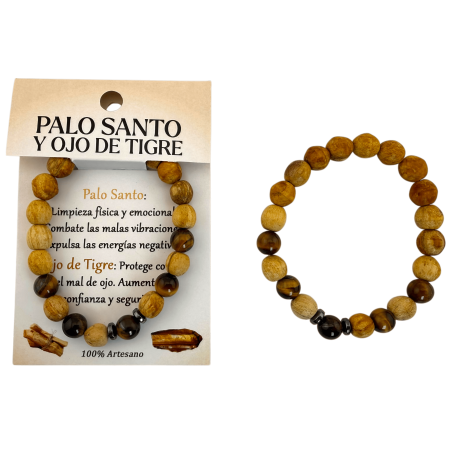 Pulseira de Palo Santo e Olho de Tigre 8mm - Limpeza, Proteção, Contra o Mau-Olhado, Confiança, Segurança...