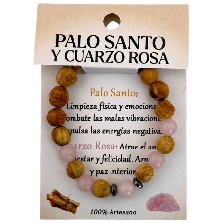 Pulseira de Palo Santo e Quartzo Rosa 8mm - Purificação, Amor, Harmonia, Felicidade e Paz Interior