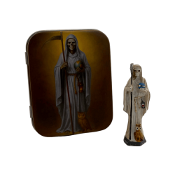 Figurine en résine de Santa Muerte blanche, 5 cm, dans une boîte en métal.
