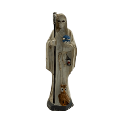 Figura de Santa Muerte em resina branca, 5 cm, em lata.