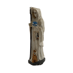 Figura de Santa Muerte em resina branca, 5 cm, em lata.
