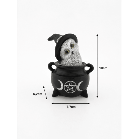 Figurine en résine Hibou Wicca Chaudron Triple Lune Chapeau Noir 7,7 x 6,2 x 10 cm