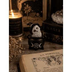 Eule aus Kunstharz, Wicca-Kessel, Dreifachmond, schwarzer Hut, 7,7 x 6,2 x 10 cm