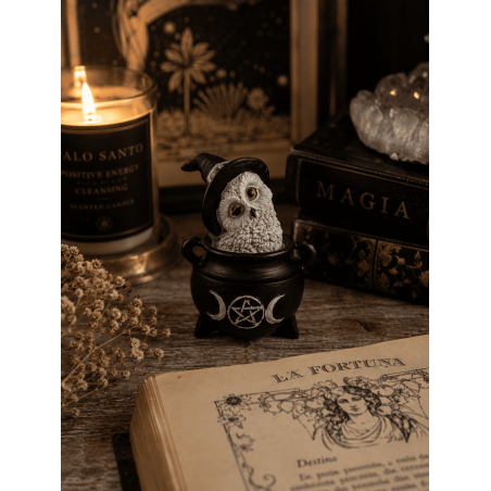 Figurină din rășină Bufniță Wicca Cauldron Triple Moon Pălărie neagră 7.7x6.2x10cm