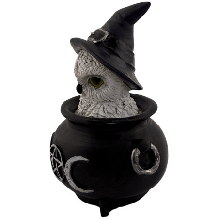 Harsbeeldje van een uil met een wicca-ketel, drievoudige maan en paarse hoed, 7,7 x 6,2 x 10 cm