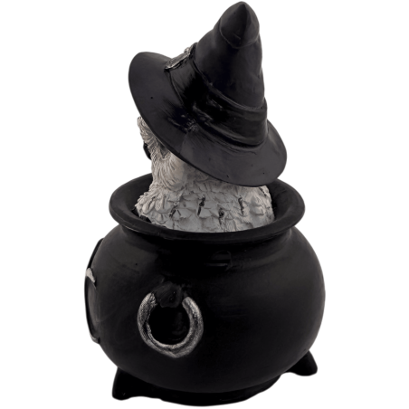 Resin Figurine Owl Wicca Cauldron Triple Moon Purple Hat 7.7x6.2x10cm