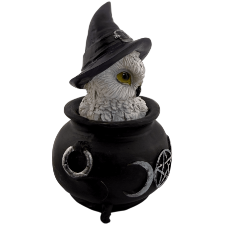 Eule aus Kunstharz, Wicca-Kessel, Dreifachmond, lila Hut, 7,7 x 6,2 x 10 cm